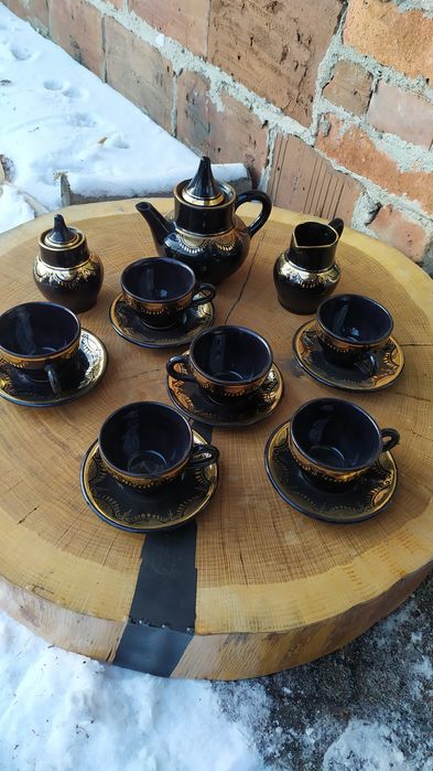 Czarno granatowy serwis porcelanowy PRL  złocony  styl Chodzież