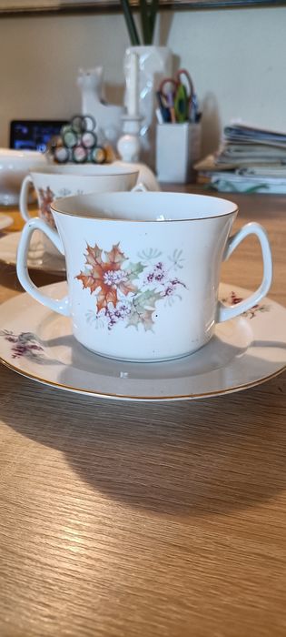 Porcelana Włocławek Bulionowki z talerzykami Zastawa  PRL Vintage Retr