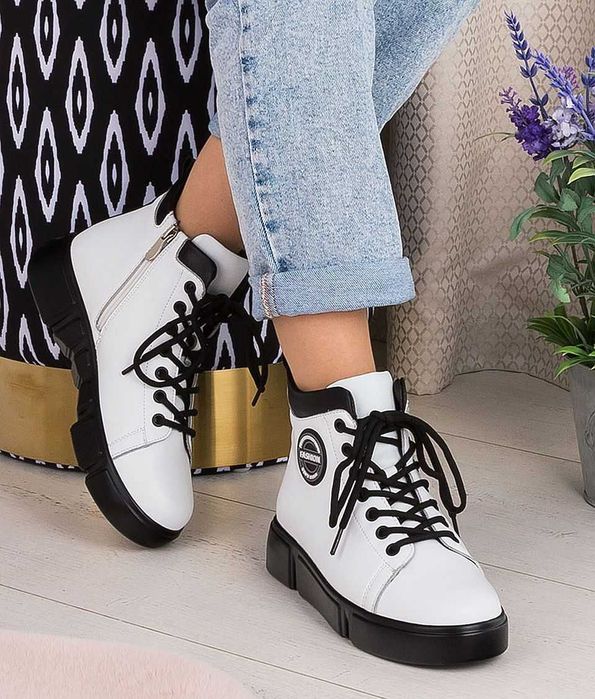 Botki damskie skórzane białe B-3-212 ocieplane zimowe trzewiki roz. 41