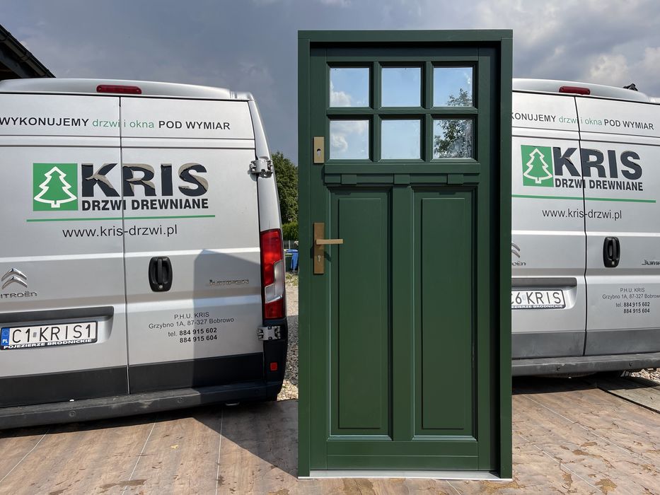 Drzwi zewnętrzne drewniane oliwkowe czyste powietrze 7033