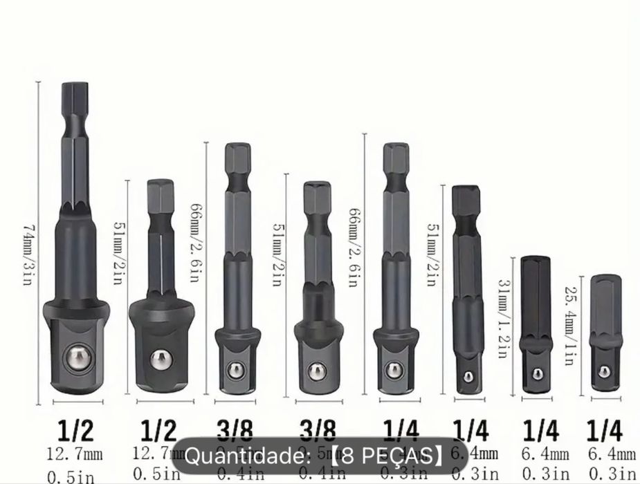 Kit 8 Adaptadores de Chave de Impacto Hexagonal (1/4" 3/8" 1/2")