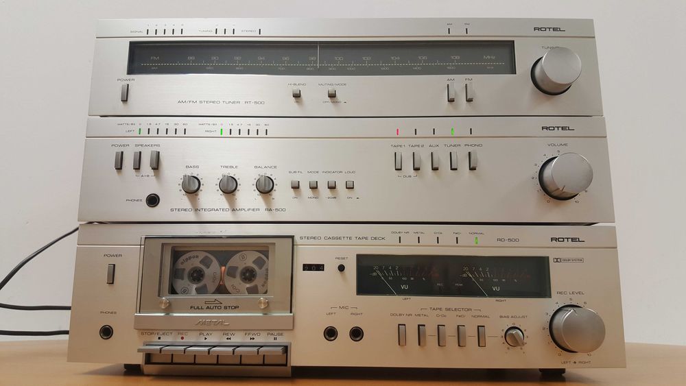 Wieża Stero ROTEL Wzmacniacz RA-500 Magnetofon RD-500 Tuner RT-500 Japan 1980 r.