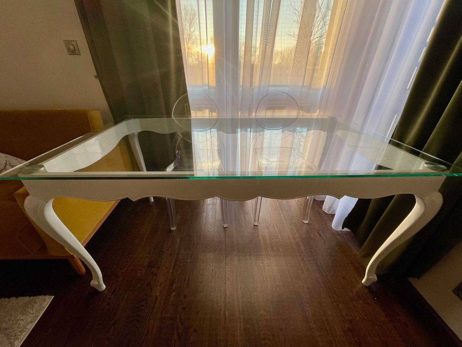 Stół do jadalni dębowy lakierowany szklany blat /glamour/140x90 UNIKAT