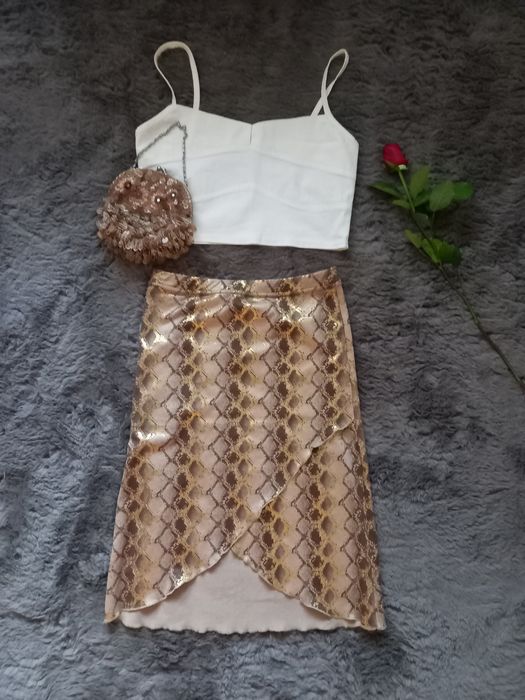 Spódnica złota midi ołówkowa bodycon tuba elastyczna brązowa beżowa