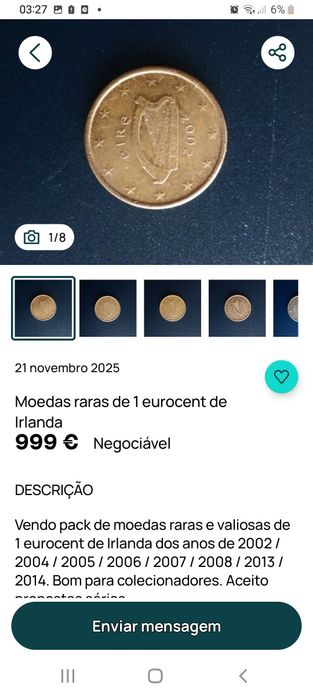 Moeda raríssima de 1 cêntimo da Irlanda  de muito boa qualidade