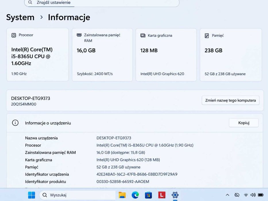 Lenovo ThinkPad X390 Dotykowy / i5-8365U / 16GB RAM / 256GB SSD NVMe / Windows 11 Pro