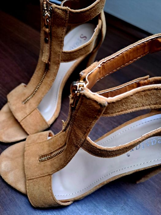 Sandały zamsz słupek camel 37 karmel sexy