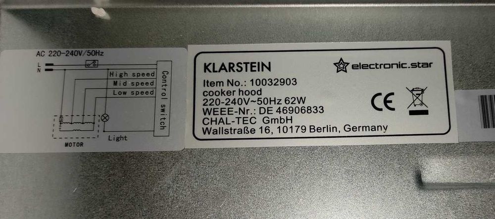 Витяжка вертикальна вбудована Klarstein Incognito 60 см, 250 м3/год