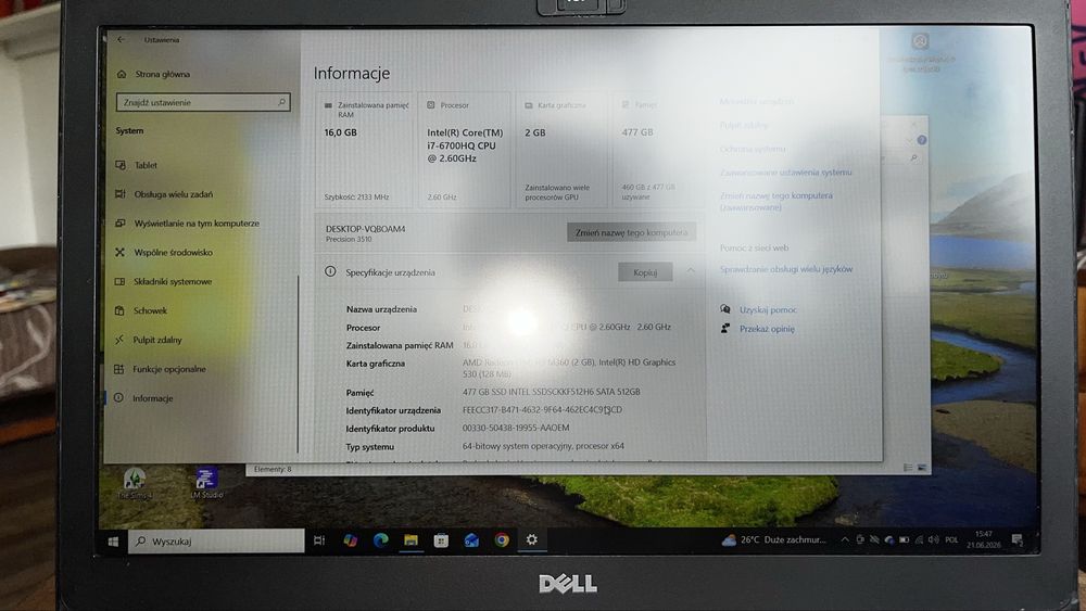 Laptop DELL Precision 3510 Intel Core i7, 16 GB RAM, 500 GB SSD