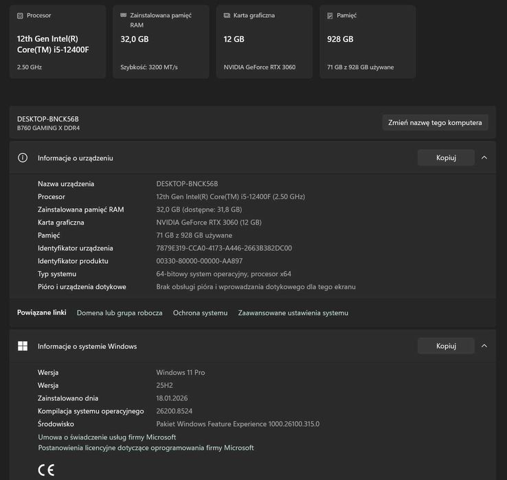 PC do Gier Intel i5 12400F Karta graficzna  MSI RTX 3060 12 GB