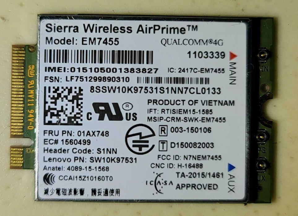 Модем 4G LTE Sierra EM7455 для Lenovo ThinkPad FRU PN: 01AX748