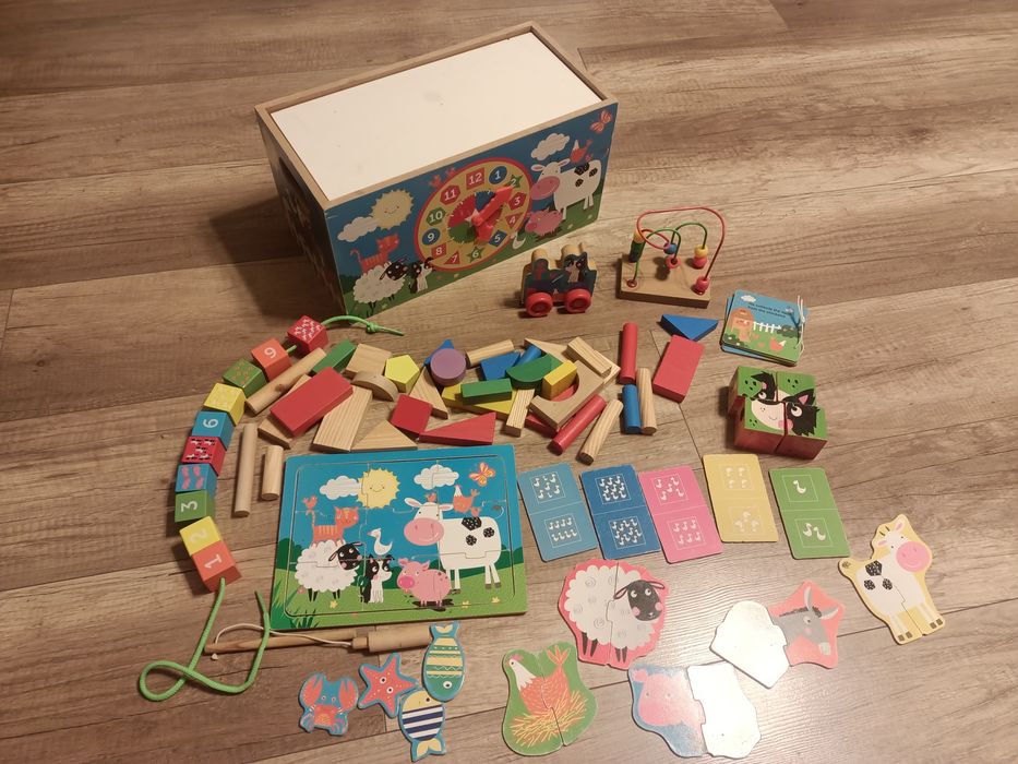Skrzynia drewniana sorter puzzle klocki wędka