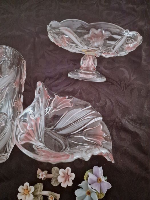Conjunto Vintage de Cristal Mikasa Germany centro de mesa Tulipas Rosa