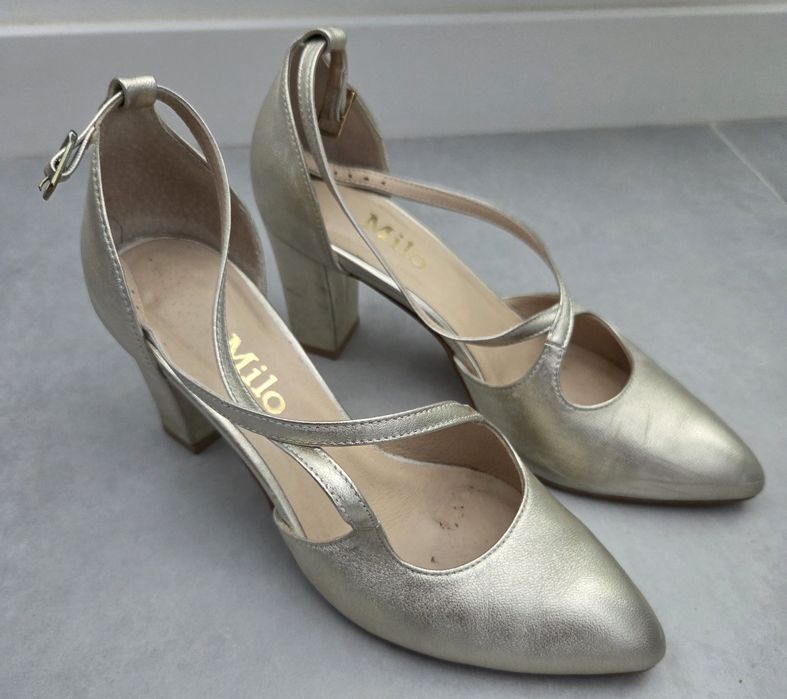 Buty złote czółenka Milo rozmiar 38 skóra naturalna BDB obuwie damskie do ślubu wizytowe