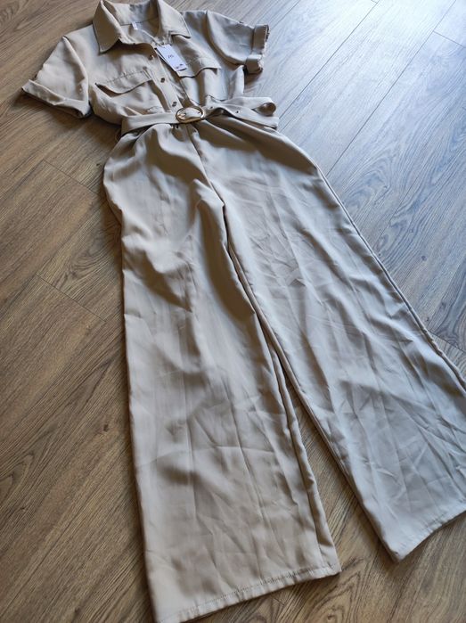 Damski beżowy elegancki kombinezon szeroka nogawka pasek r uni