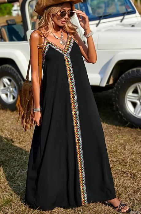Długa sukienka letnia czarna Boho rozmiar M