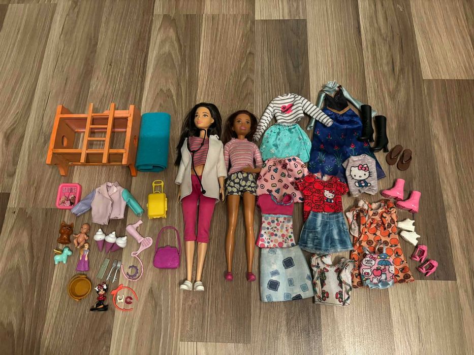 Zestaw Barbie / Skipper i różne akcesoria ubranka łóżeczko