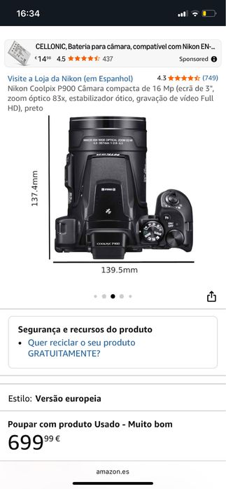 Máquina Fotográfica Compacta Nikon Coolpix P900 (Preta)