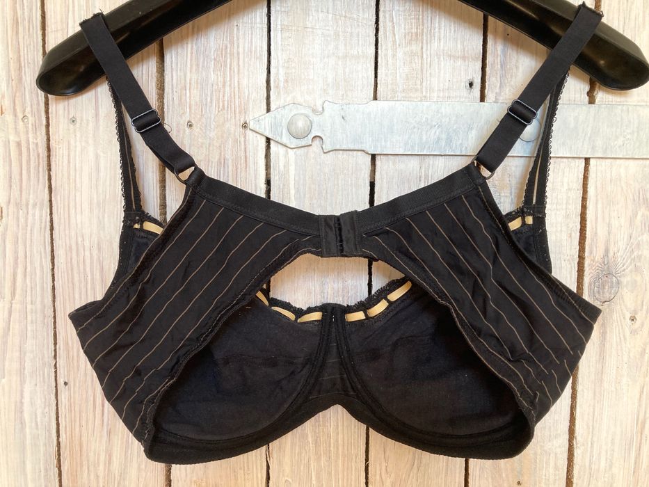 Biustonosz 85D - czarny, złote prążki, fiszbiny, podszewka