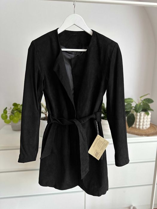 Płaszcz damski skórzany 32 zamszowy kurtka czarna KS007A LAURA CLEMENT