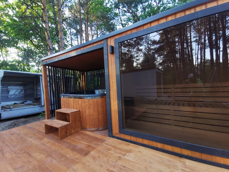Sauna Ogrodowa Premium z tarasem,wiatą  6,5x2m Piec Sterownik Hit