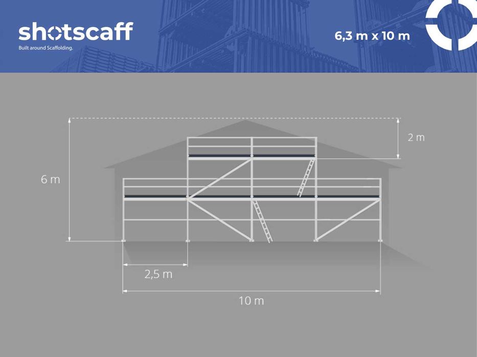 Szczytowe rusztowanie stalowe, podest 2,5 m system Plettac na piny 6,3 m x 10 m kompletne