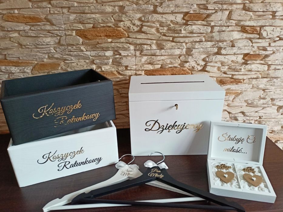 Pudełko na koperty, obrączki, wieszaki, koszyczki ratunkowe ślubne