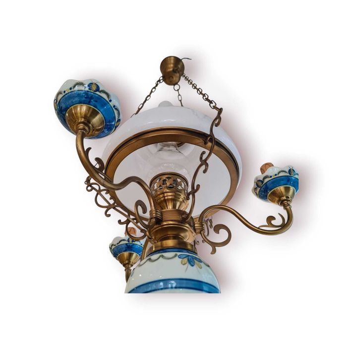 Candeeiro Teto Estilo Petróleo – 3 braços Louça de Viana pintada à mão