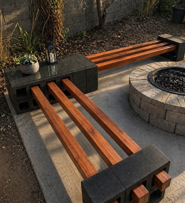 Nowoczesna ławka ogrodowa  – naturalne drewno + beton dekoracyjny (DIY / loft)