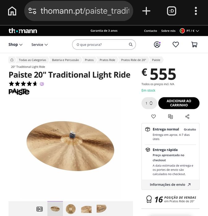 Paiste Signature Traditionals Light Ride 20' Novo