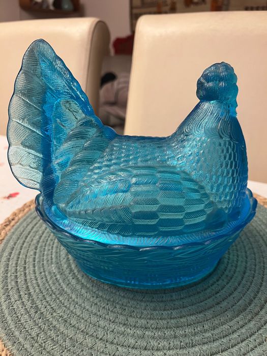 Duża Kura szklana turkusowa niebieska HSG Ząbkowice, PRL, new look