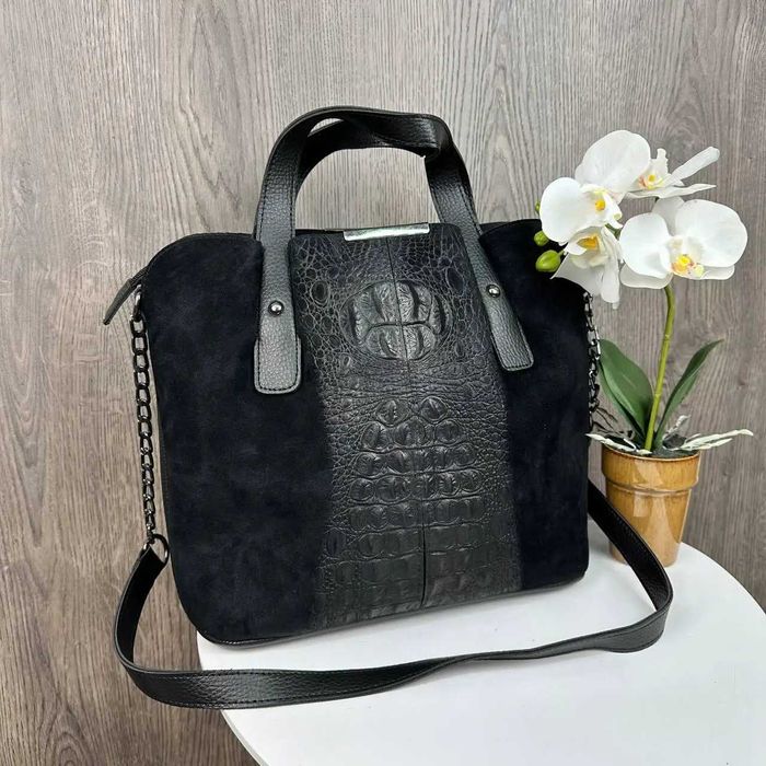 Жіноча женская кожаная большая черная велика сумка с ремешком Рептилія