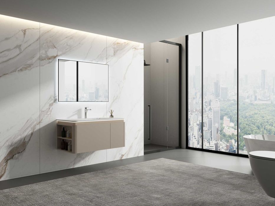 Móvel de WC Suspenso + tampo Led + Lavatório em resina + Espelho Led