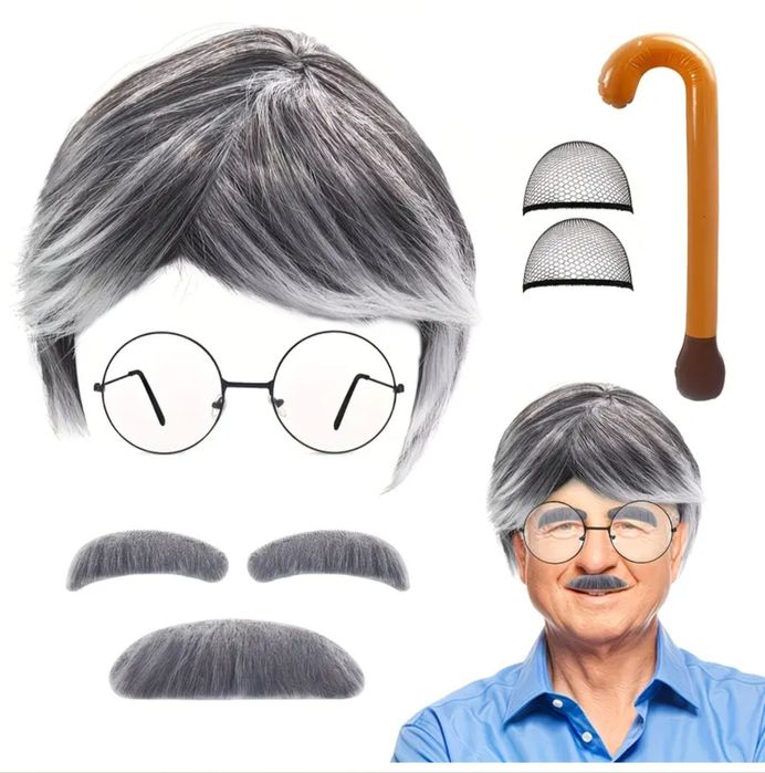 Kostium strój przebranie zestaw męski dziadek peruka laska okulary nowy