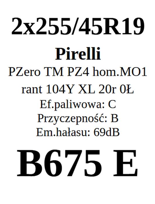 255/45R19 Pirelli PZero TM PZ4 hom.MO1 4,60mm 2020r C/B/69dB 150zł/szt