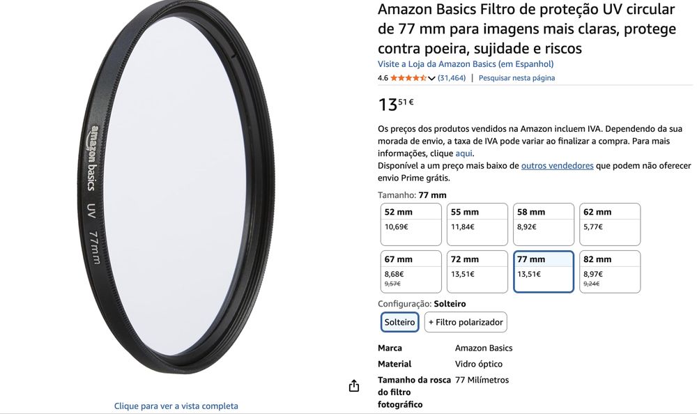 Filtro UV 77mm para objetiva