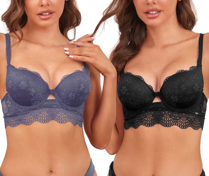 Бюстгальтер SHEKINI 75B Push-Up балконет, кружевной, на косточках, с открытой спиной, черный / дымчато-синий