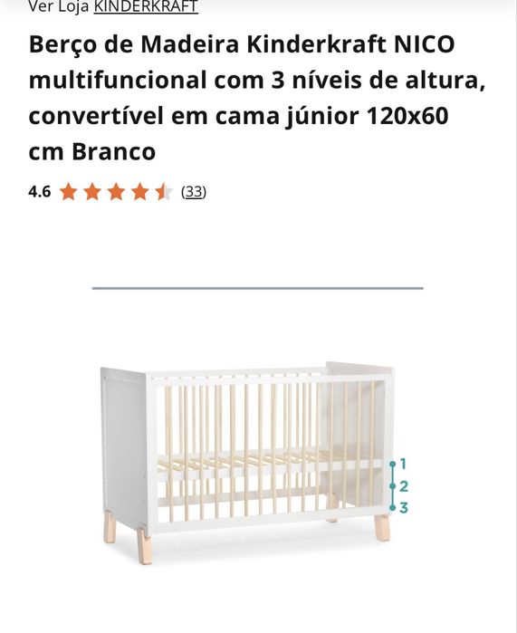 Berço de Madeira Kinderkraft NICO multifuncional com 3 níveis de altura, convertível em cama júnior 120x60