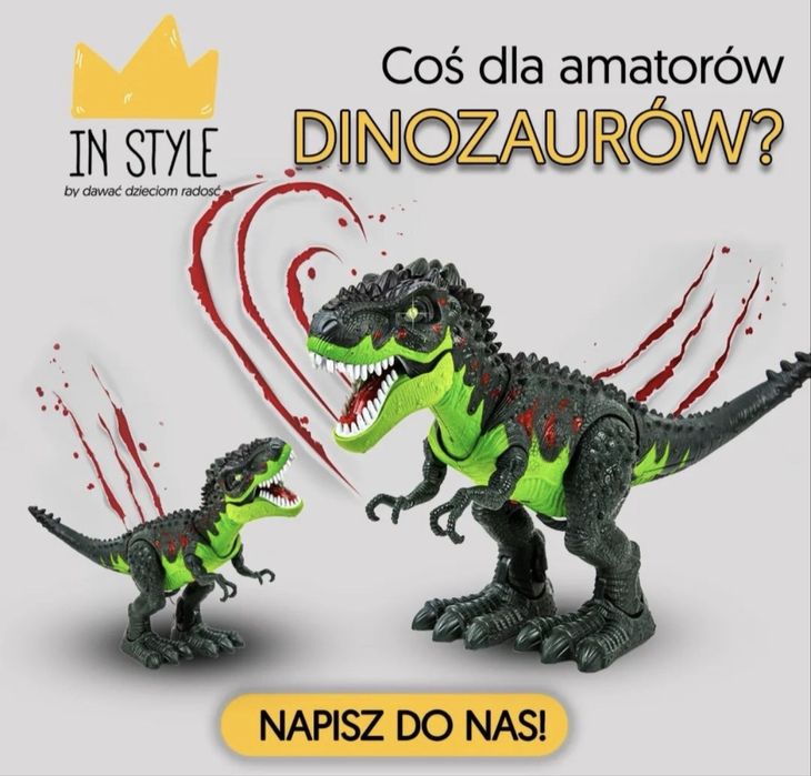 Zielony dinozaur chodzi, wydaje dżwieki