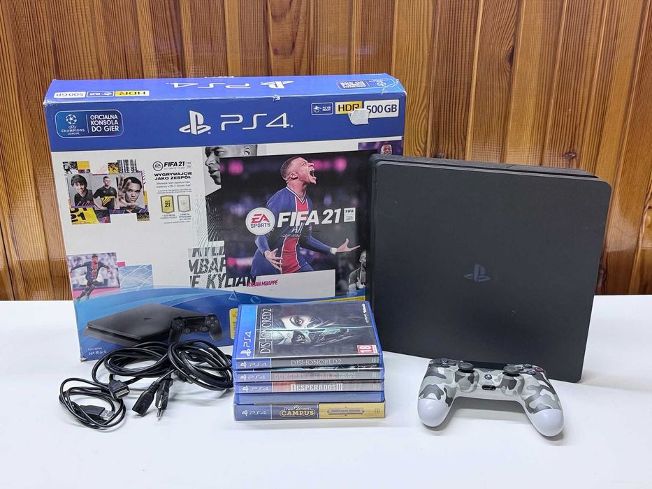 Konsola SONY PS4 Slim 500GB + 5 gier + pad + pudełko + okablowanie