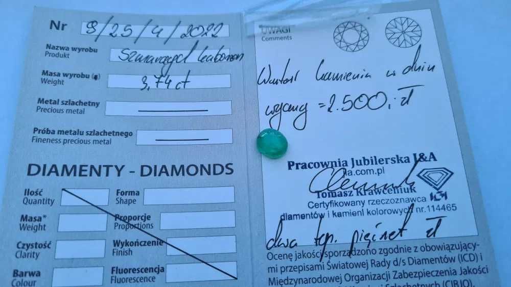 Naturalny Szmaragd 3.74ct. Certyfikat