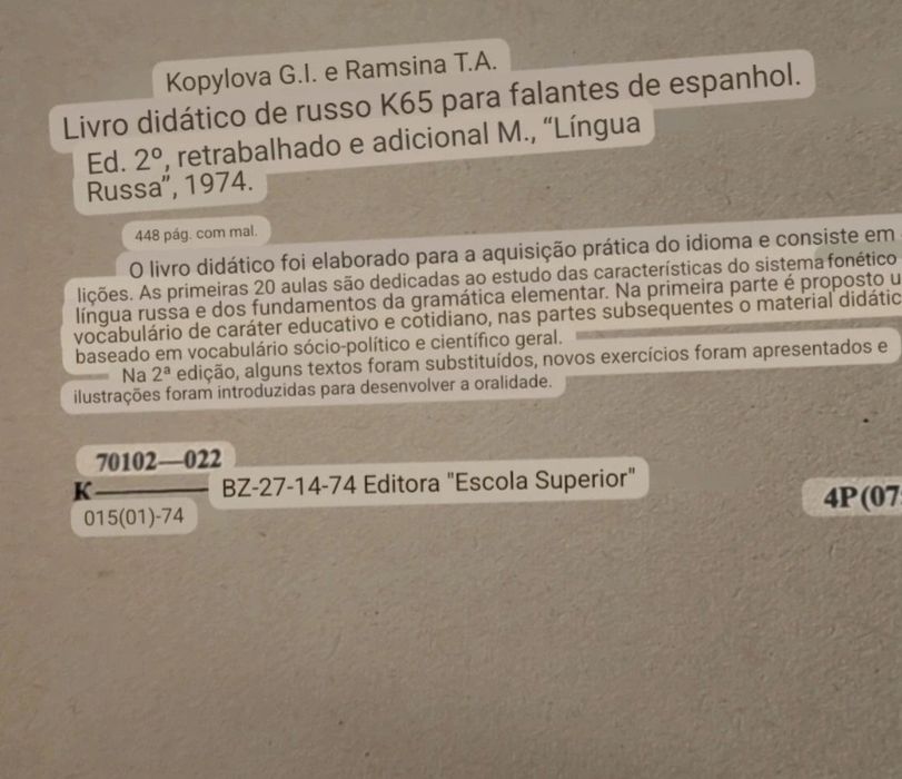 Livro didáctico de russo K65 para espanhol