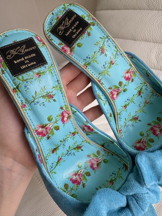 Блакитні мюлі Oksana Khmara. Голубые, бирюзовые босоножки на каблуке