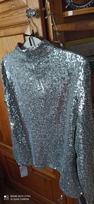 DKNY bluzka cekiny srebro L. Glamour. Wesele. Bal