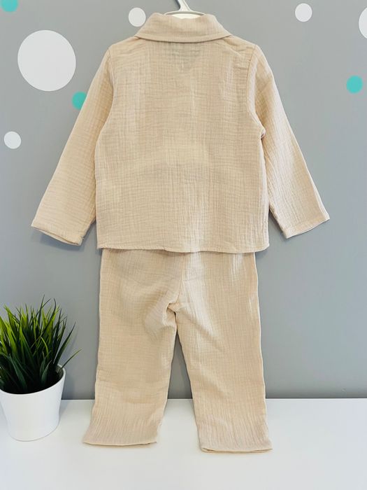 muślinowy beżowy morelowy zestaw dla chłopca koszula + spodnie r. 110