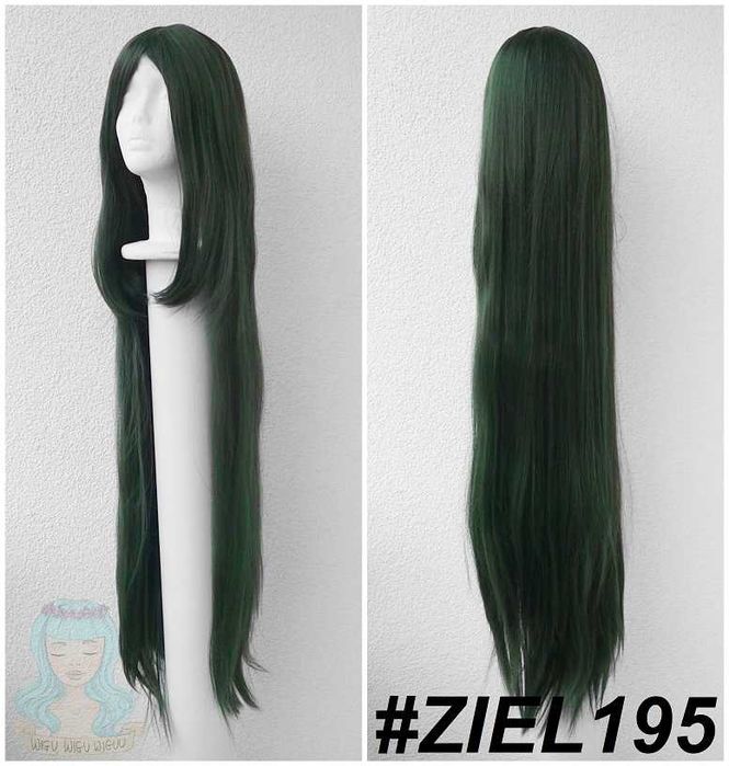 Długa zielona ciemna peruka metrowa prosta z grzywką cosplay wig