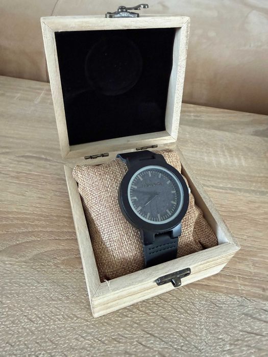 NOWY Zegarek Drewniany NIWATCH Czarny Heban Skóra Prezent Boho