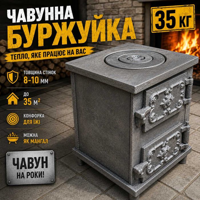 Чавунна буржуйка 35кг/8-10мм, піч для дрова та вугілля, опалювальна пічка, чугунная печка для обогрева, невелика буржуйка для дачі та гаража