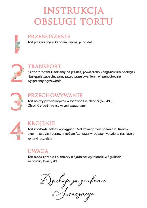 Instrukcja krojenia i obsługi tortu etykieta samoprzylepna naklejka A6