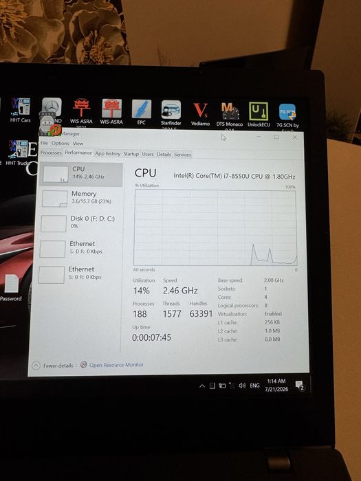 Laptop lenoo L480 intel i7 16 ram ssd 500gb